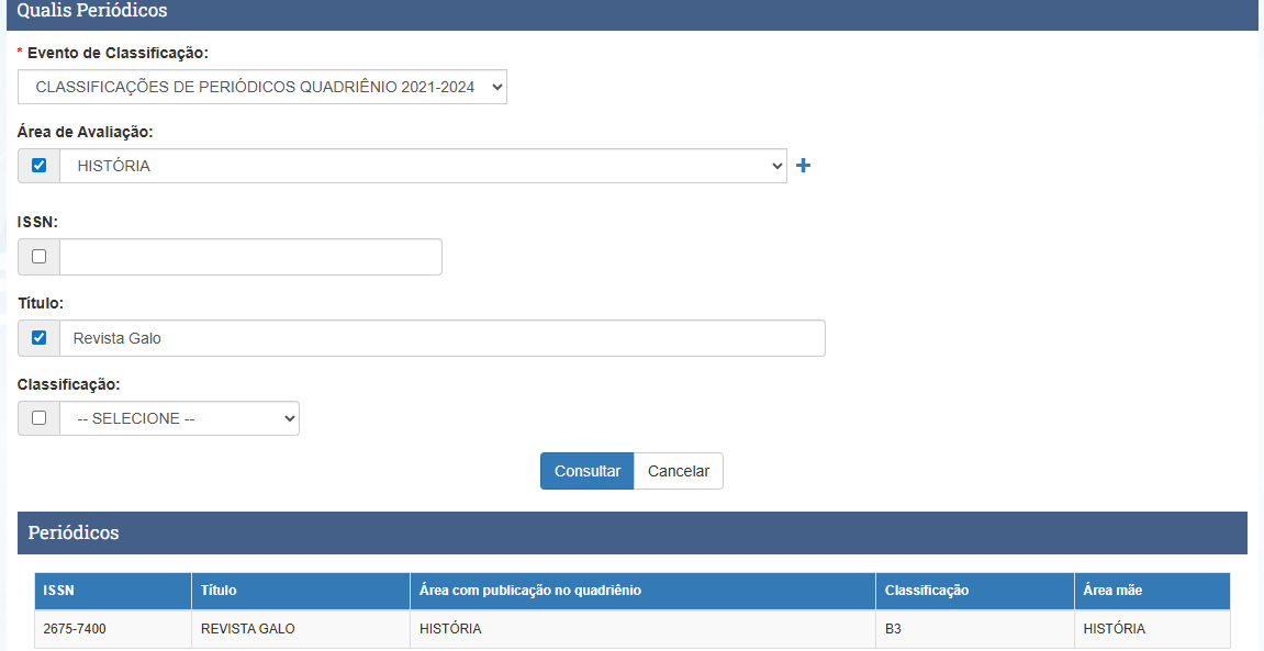 Revista Galo é avaliada com conceito B3 na Qualis 2021-2024 em História